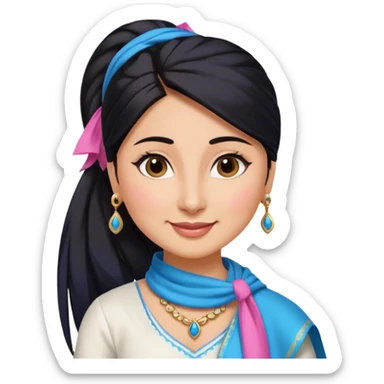 generate a pretty bratz emoji that looks like Kareena Kapoor's Geet character. 
Make her wear a white shirt with a colorful blue-pink dupatta wrapped around her neck. smiling big. Black hair tied into a side part ponytail

She should look like Kareena Kapoor sticker