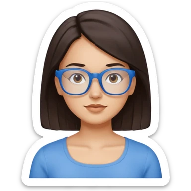 mujer de 30 años, cabello marron oscuro, ANTEOJOS CELESTE BLANCOS, top celeste escote cuadrado, piel blanca, cara redonda sticker