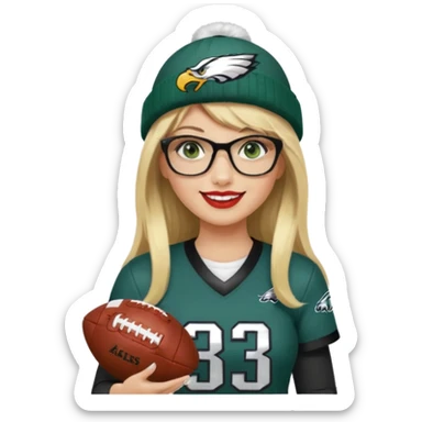 full length women wearing eagles uniform, long blonde hair, styled bangs, green eyes, black rectangle glasses, holding football, number 33, smiling, lipstick, eagles beanie sticker
