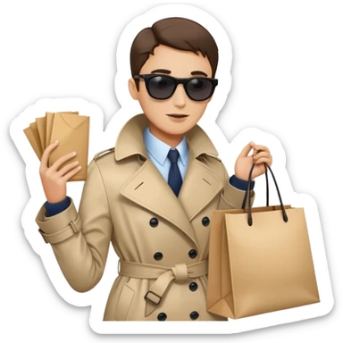 mystery shopper in trench coat, sunglasses, holding a shopping bag sticker
