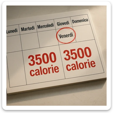 Hyperrealistic top-down view of a weekly calendar in Italian, showing days from Monday to Sunday. Friday is circled in red. Below both Saturday and Sunday, the text '3500 calorie' is large, centered, and in red. The scene has 4K details and a desk atmosphere. sticker