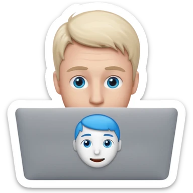 European man with blue eyes using a MacBook, simple and expressive emoji sticker