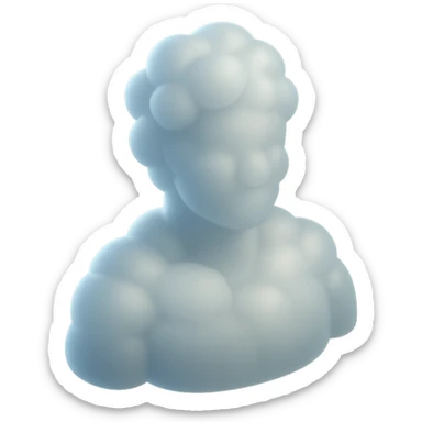 person made entirely of white fluffy convex clouds, shoulder up, front view, matte glass style, no background sticker