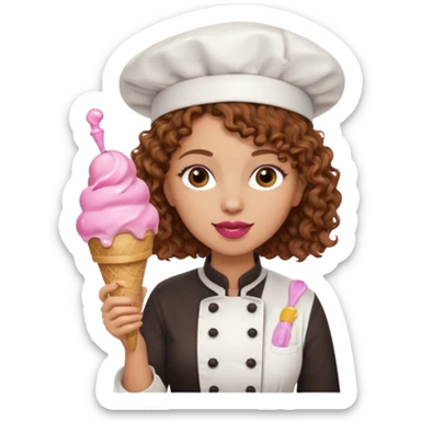 woman brown curly hair, chef, eating pink ice cream sticker