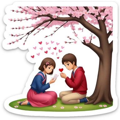 Japanese high school boy confessing love to a girl under cherry blossom tree with love letter sticker