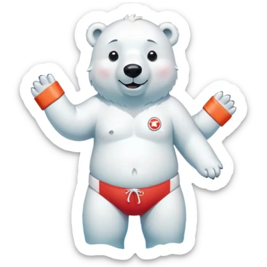 full body friendly anthropomorphised polar bear smiling, wearing colorful swim shorts, red and white life buoy around waist, swim goggles, standing in small pool of water sticker