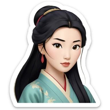 Cinematic Realistic Mulan Portrait, depicted with lifelike skin texture, soft natural lighting, and intricately detailed long black hair styled elegantly. Her deep, expressive eyes exude determination and grace, complemented by a serene yet confident expression. She is dressed in her classic attire, with rich fabric textures and delicate folds that catch the light beautifully. The portrait features a soft, enchanting glow with a natural, radiant finish, capturing the essence of timeless strength and beauty in a realistic and painterly style, evoking a sense of depth and authenticity. sticker