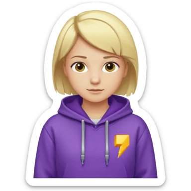 Crea un emoji de un electricista, chico rubio pelo corto hacia al lado, sin gafas, con sudadera morada y nombre empresa INDYDES sticker