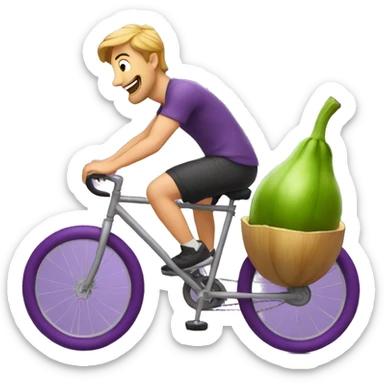 Man riding a bike on top of a eggplant sticker