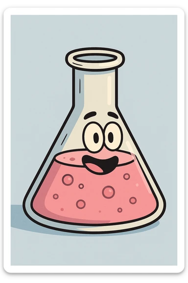science conical flask with pink liquid, cartoon style, playful sticker