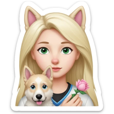 White European young woman with blue-green eyes and long blond hair with her white German Shepherd dog,the Dog hast a pink nose and short fur  and Brown eyes sticker