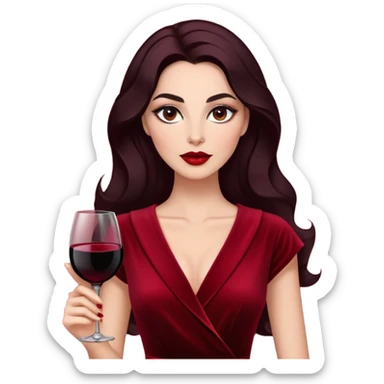 Confident woman with luminous skin, elongated face, defined features, dark almond eyes with dramatic eyeliner, thick eyebrows, straight elegant nose, full bright red lips, voluminous dark hair with soft waves, wine red velvet V-neck dress sticker