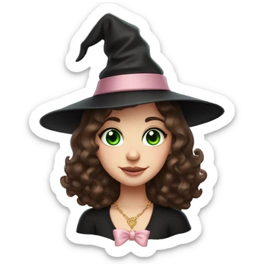 Witchy brunette haired green eyed lightly freckled white girl with a witty smile a gold necklace and a black witch hat with a baby pink bow sticker