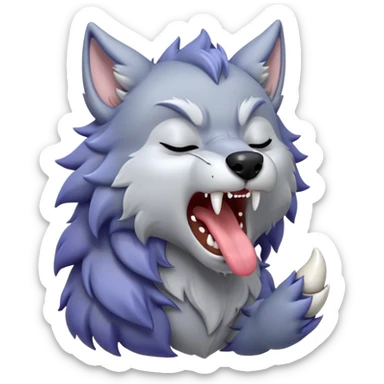 Cinematic Cute Yawning Werewolf Portrait Emoji, with a cuddly, miniature lupine form in soft moonlit grays and silvers, head leaning back in a big, adorable yawn that reveals a few fuzzy teeth, simplified yet irresistibly charming, highly detailed with a soft glowing outline that captures the drowsy, playful essence of a werewolf mid-nap! sticker