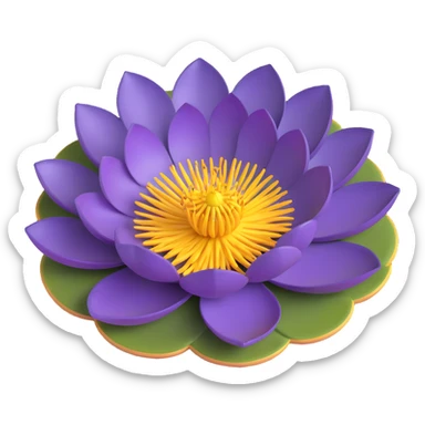Realistic deep purple lotus flower with detailed layered petals and yellow stamens, floating on authentic lotus pad with characteristic notch and bowl shape sticker