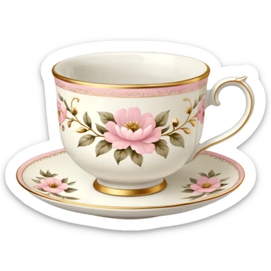 White teacup with baby pink floral antique print with gold accents  sticker