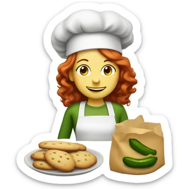 A redheaded girl dressed as a pickle baking cookies sticker