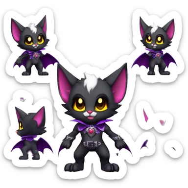 Anthro-Cute-Edgy-Cool-Vampiric-Batty-Cat-Black-Purple-Red-Grey-White-Yellow-Contrast-Colors-Fantasy-Fur-Sona-Chibi-Shiny-Fakémon-Hybrid with horns and fangs and collar full body sticker