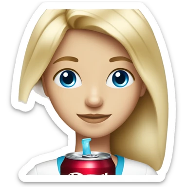 A blond girl with blue eyes and a Dr Pepper sticker