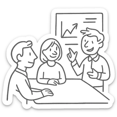 a friendly work team during a briefing, hand-drawn style, sketchy lines, relaxed atmosphere, simple color palette sticker