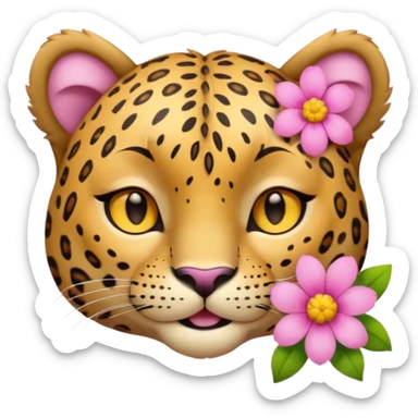 eyes closed, A leopard with peaceful smile, A pink flower with a yellow center is tucked behind its right ear
 sticker