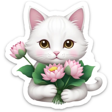 White cat holding a bouquet of lotus flowers sticker
