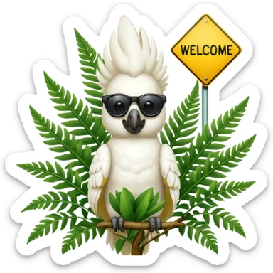 sulfer crested cockatoo wearing sunglasses sitting in a green fern tree with an australian street sign saying 'welcome to cockatoo' sticker