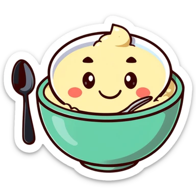 smiling bowl of creamy porridge with a spoon sticker