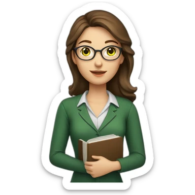 Teacher woman with brown hair and green eyes with a book and a pointer  sticker