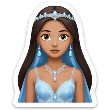 enchantress goddess wearing a embellished shimmering light powder white lace and icy moon drops angeliqué blue gown with tanned skin and super long straight dark brown hair sticker
