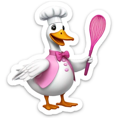 A goose dressed like a pink chef with one whisk in his hand sticker