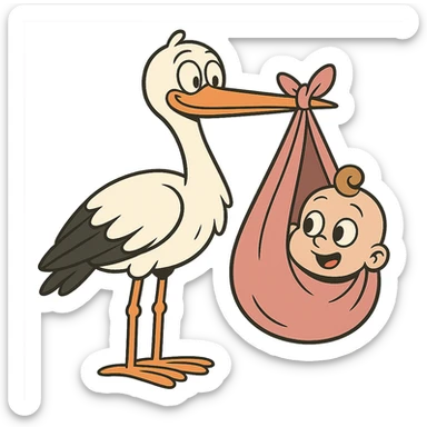 stork with a baby peeking out of a pink bundle in flat toon style sticker