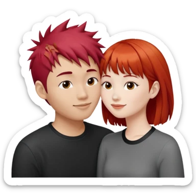 Asian Spiky short red hair  guy kissing redhead white girl with bangs sticker