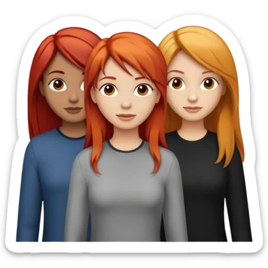 Can you create an image of 3 friends together one with red bright hair light skin one the other with brown hair with some blonde highlights in the hair fair skin the last one with light brown a tint of orange hair and black long hair sticker