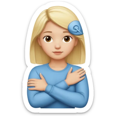 blonde girl arms crossed holding neck sticker