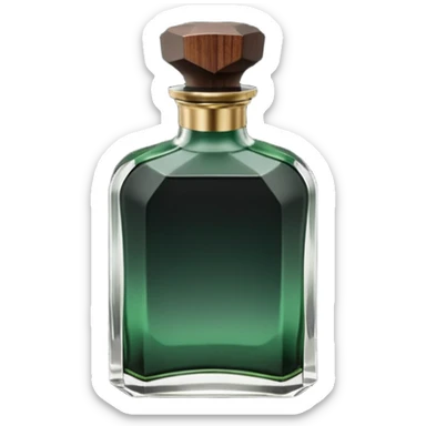A masculine fragrance bottle featuring a gradient of deep forest green to charred black glass. The cap is made of dark walnut wood. The bottle is placed on a jagged piece of slate rock with a faint mist in the background. Earthy, moody, textured, photorealistic. sticker