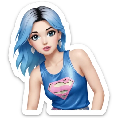 Tall-full body-Larger female chest-very excited-very-beautiful-face-white torn cargo pants-light-pink-lips-very long-very-straight-dark-blue-ombre-hair-and-blue-eyes-thick-black-eyeliner-thick-long-eyelashes-sky-blue-superman-tank-top-with-glitter-and-silver-hoop-earrings sticker