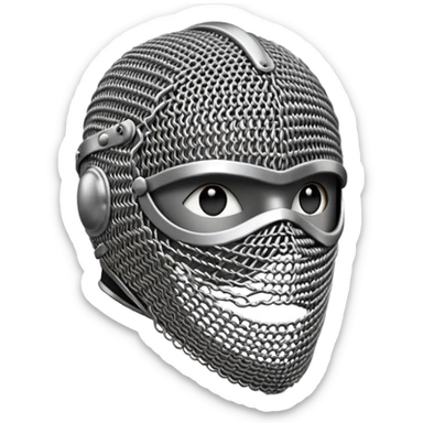 3D render oFencing Mask, made of interlocking chainmail metal rings, wire mesh texture, visible holes and negative space, metallic silver and grey, high contrast shadows, emoji style, isolated on white background --v 6.0. sticker