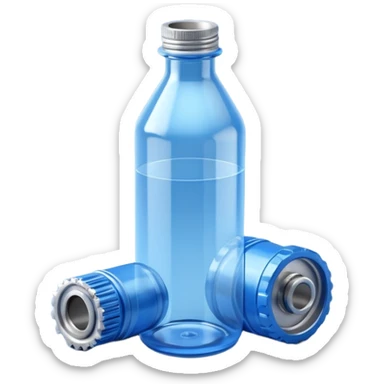 "A high-quality 3D isometric icon of a blue translucent PET plastic bottle standing next to a sleek metallic industrial gear. Clean studio lighting, white background, soft shadows, 3D clay render style, minimalist and professional." sticker