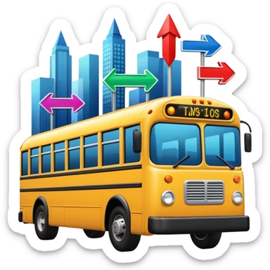 a sleek bus viewed from an angle with three colorful arrow signs pointing to city icons, colorful Apple-style emoji look sticker