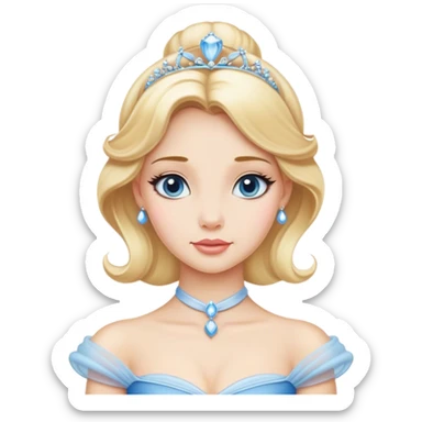 Cinematic Elegant Cinderella Portrait Emoji, rendered in a realistic, vector-style with minimal shading and bold, simplified shapes. Depict Cinderella in her classic ball gown (chest and above) with fair, porcelain skin and elegantly styled blonde hair, her eyes soft and kind, and her expression serene and graceful. The design glows with a gentle, enchanting radiance and high shine, capturing the timeless beauty of a fairy tale princess. sticker
