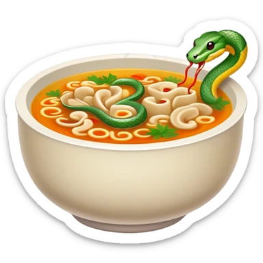Cantonese snake soup in special double-walled bowl, simplified emoji style with bold outlines and bright colors, cartoon style exotic delicacy with herb decorations sticker