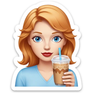 Strawberry Blonde woman with blue eyes holding iced coffee sticker