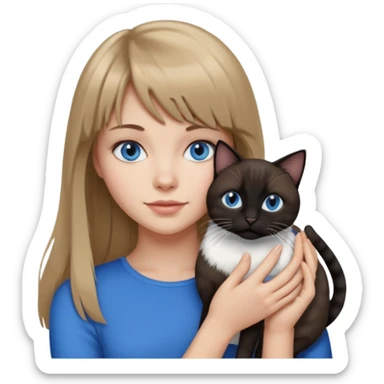 Apple-style emoji sticker of a young woman with long dark blond hair and bang, blue eyes , holding a black and white cat sticker