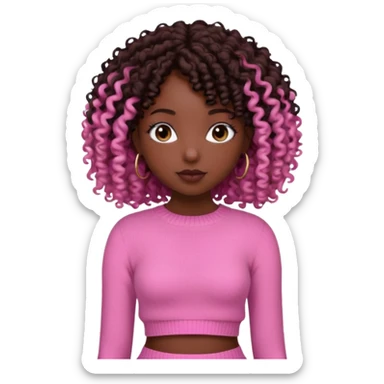 Uma menina negra da pele clara magra definida com roupa de malha rosa com cabelo cacheados  castanho escuro grandão até a cintura sem muito volume no cabelo sticker