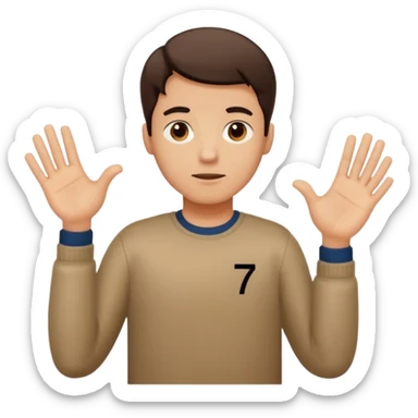 a man shrugging his shoulders with 6 above his left hand and 7 above his right hand sticker