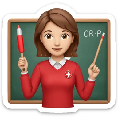 Happy Teacher, female, brown hair up, wearing a red long sleeve top holding a pointer stick to a white board with a CPR logo. sticker
