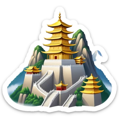 Mount Emei misty peaks with golden temple Sichuan, simplified emoji style with bold outlines and bright colors, cartoon style mountain with clouds sticker