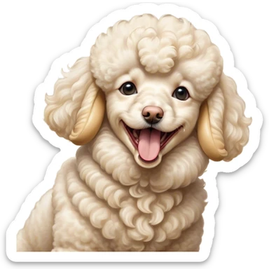 Cinematic Cute Yawning Cream Poodle Portrait Emoji, Head tilted slightly with a dramatic, wide-open yawn, displaying a soft, curly cream Fur with delicate texture, floppy ears slightly drooping, round warm eyes barely open in drowsy contentment, Simplified yet irresistibly adorable features, highly detailed, glowing with a soft, cozy glow, high shine, relaxed yet expressive, stylized with a touch of whimsy, bright and endearing, soft glowing outline, capturing the essence of a sleepy yet affectionate companion, so drowsy it feels like it could stretch right out of the screen and curl up for a nap! sticker