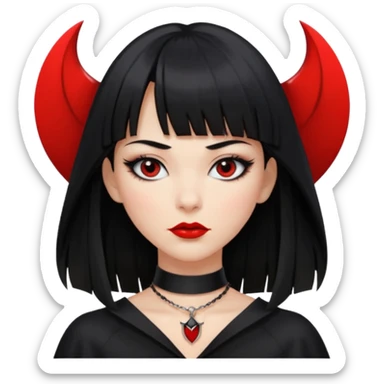 mulher cabelos pretos longos e lisos com uma franja curta acima dos olhos, olhos pretos com delineado, expressão séria, com um sorriso sensual e lábios vermelhos, ela usa uma gargantilha preta com um pequeno pingente de morcego preto e roupa com decote nos seios sticker